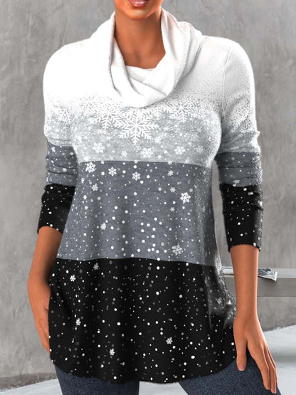 Snowflake Print Grey Cowl Neck Long Sleeve Sweatshirt