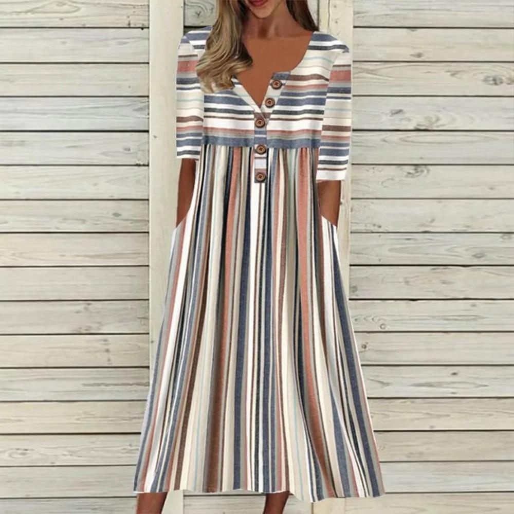 Irregular Stripe Print V-Neck Short Sleeve Slip Pocket Dress