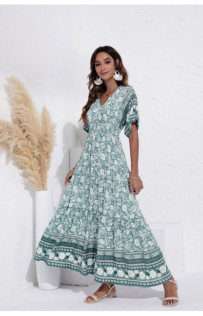 V Neck Trendy Floral Print Maxi Dress