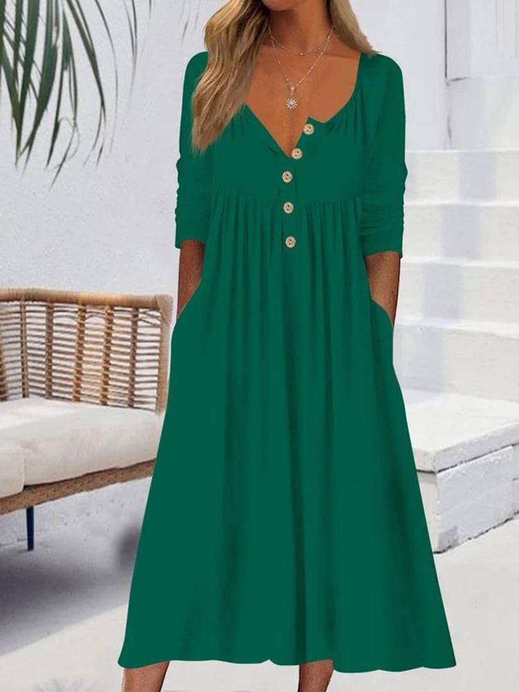 Casual Button Solid Long Sleeve Midi Dress