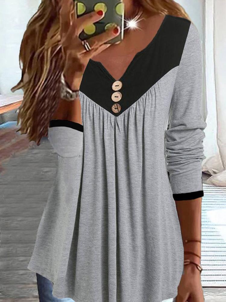Long Sleeve V-neck Ruched Buttons Top