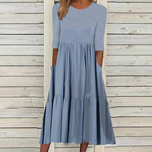 Blue Plain Round Neck Midi Dress
