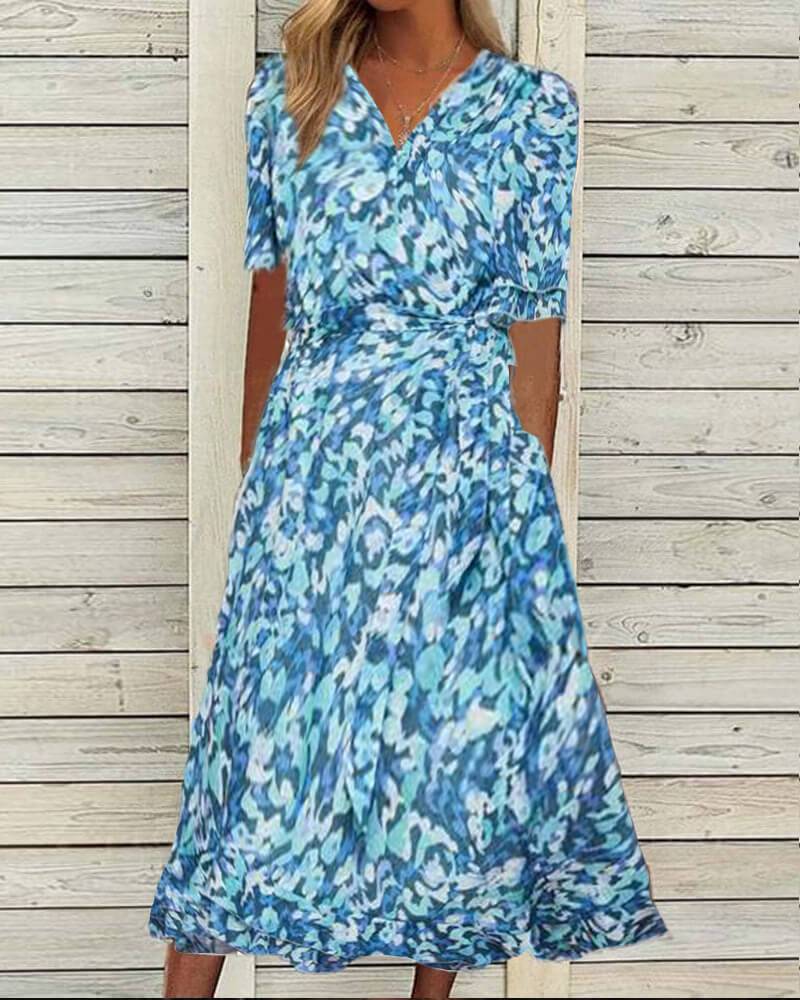 Blue Abstract Wrap Midi Dress