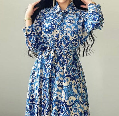 Blue Printed Long Sleeve Button Dress