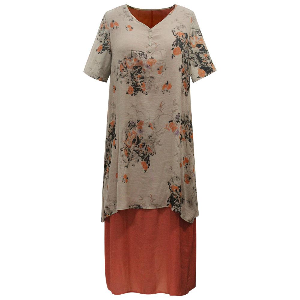 Round Neck Pullover Fake Two-piece Cotton and Linen Dress