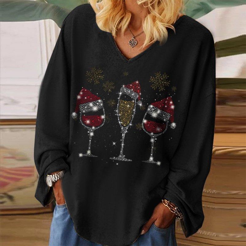 Christmas Wine Glass Print 3D V-neck Loose T-Shirt