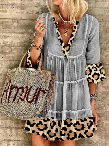 Fashion Leopard Print Patchwork Cotton Linen Dress