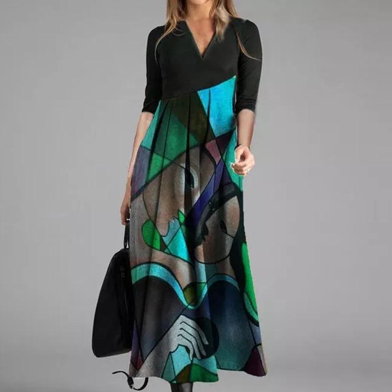 V Neck Elegant Print Maxi Dress