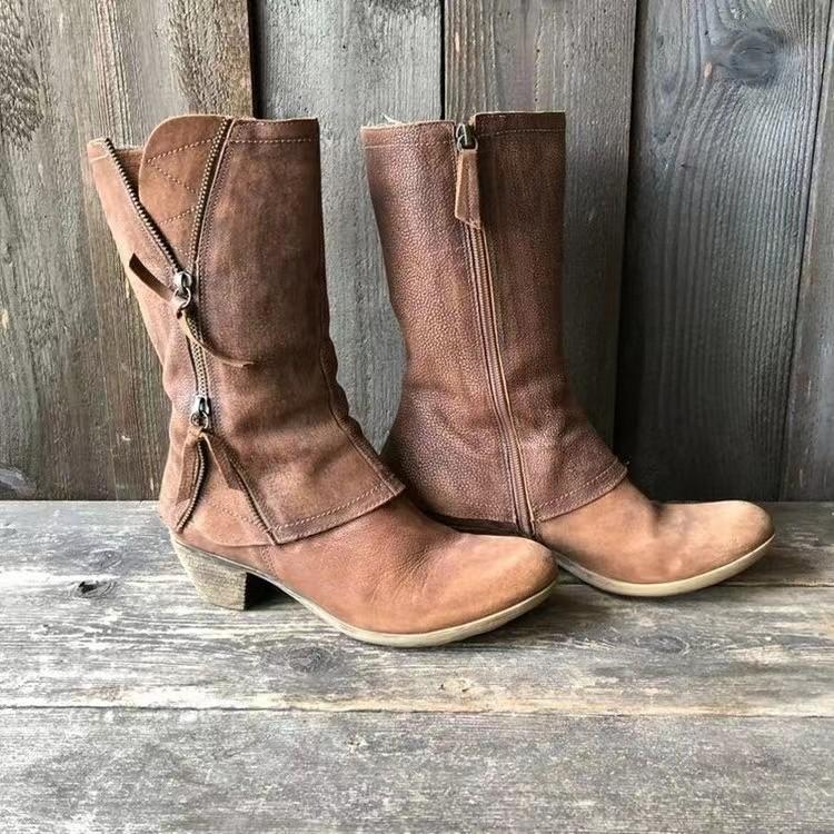 Women'S Medium Chunky Heel Side Zip Leather Boots