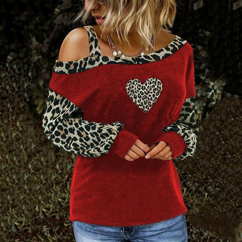 Loose Long Sleeve One Shoulder Leopard Print Sexy Top