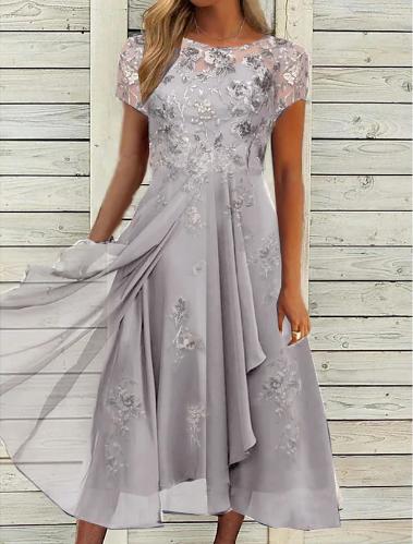 Short Sleeve Floral Solid Color Ruched Print Dress