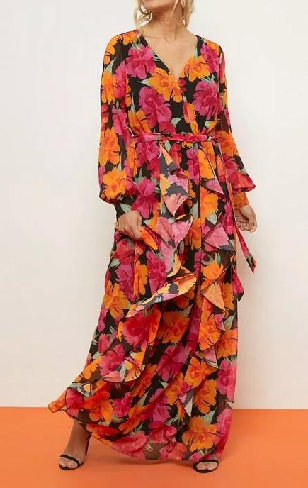 Floral Printed Ruffle Front Maxi Dress