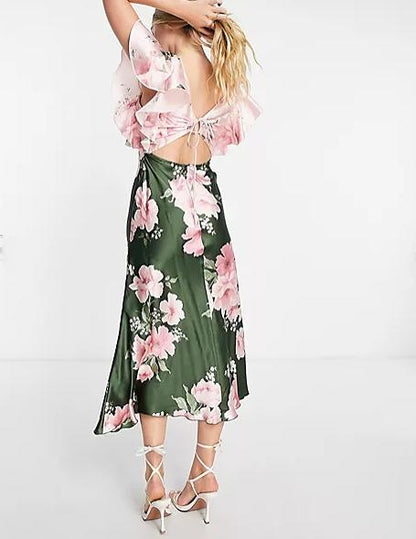 Floral Print Flutter Sleeve Midi Dress