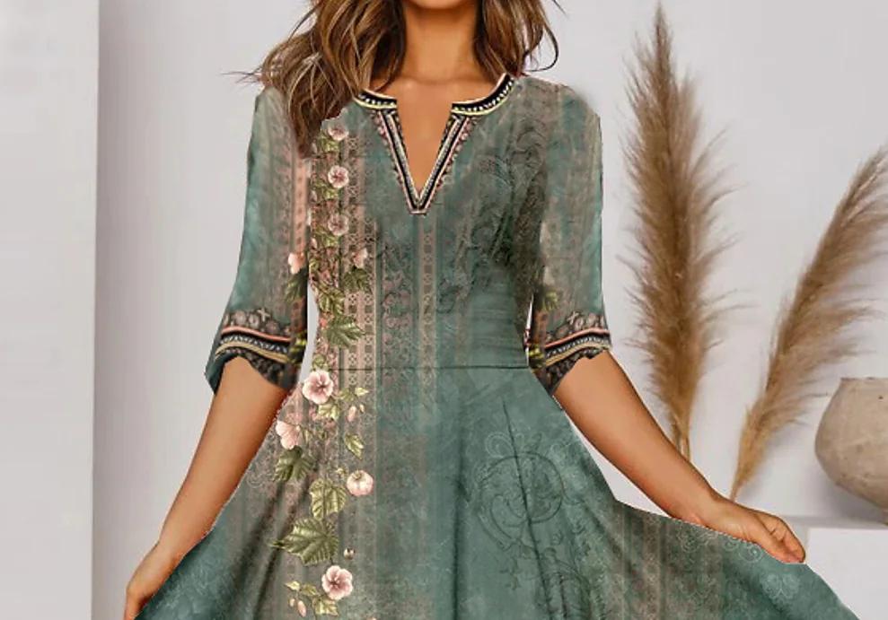 Green Half Sleeve Floral Print Dress