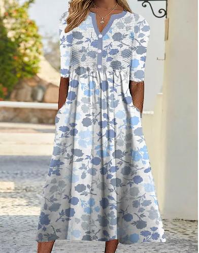 Blue Short Sleeve Floral Print Dress