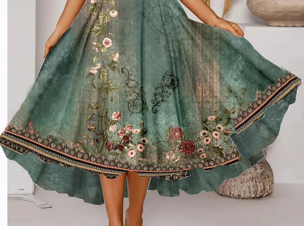 Green Half Sleeve Floral Print Dress